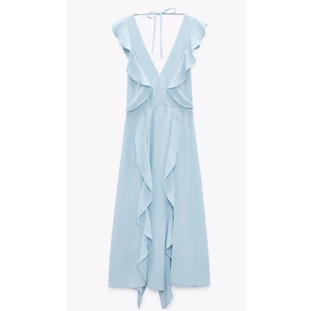 ZARA WOMANS SS22 PASTEL BLUE SLIT RUFFLED MIDI DRESS SZ M - Picture 2 of 10